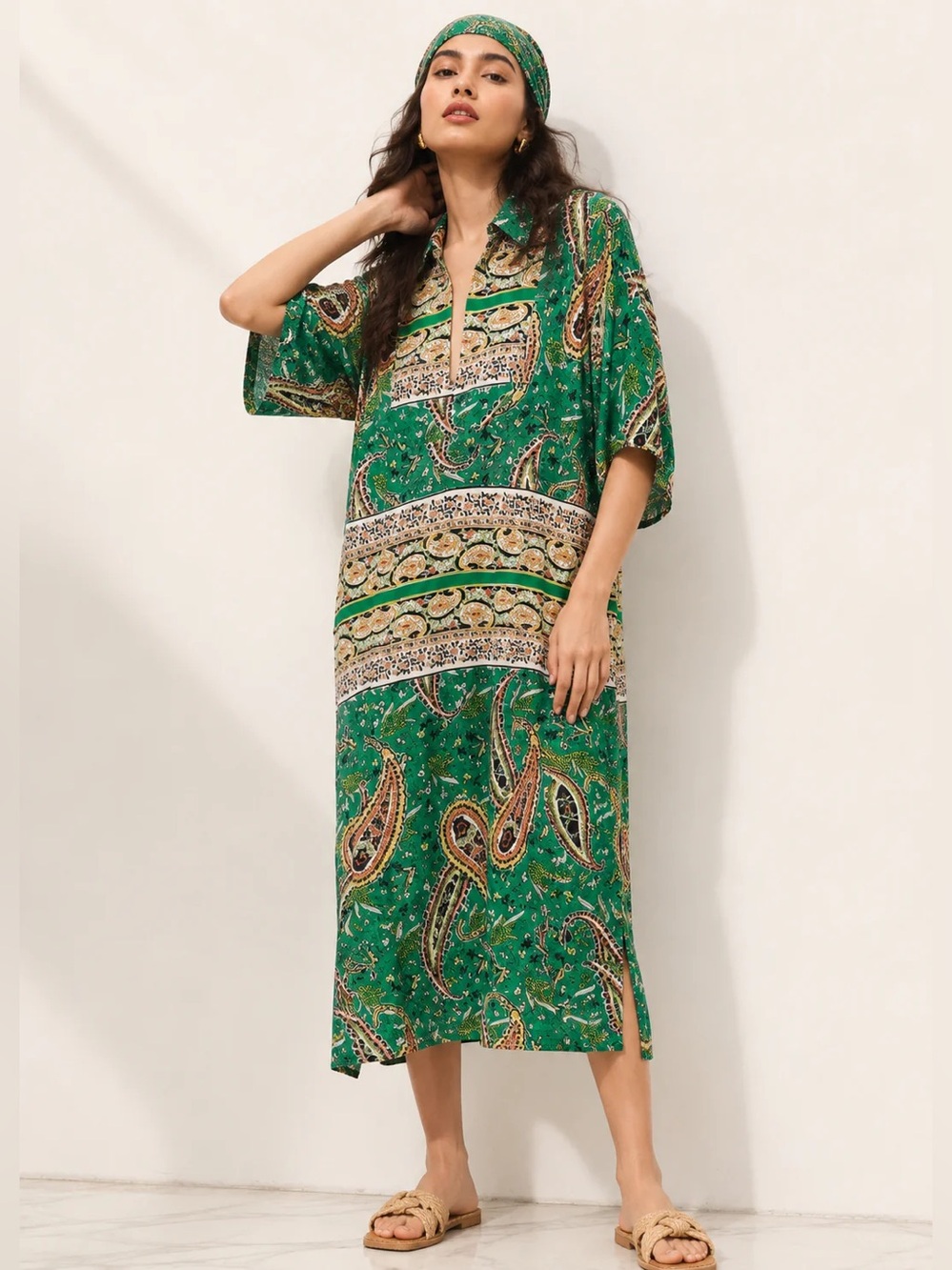 Zara Green Floral Paisley Midi Kaftan Dress Small EUC